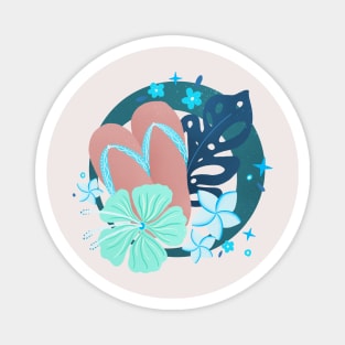 Mint and teal flip flops and tropical flowers badge Magnet